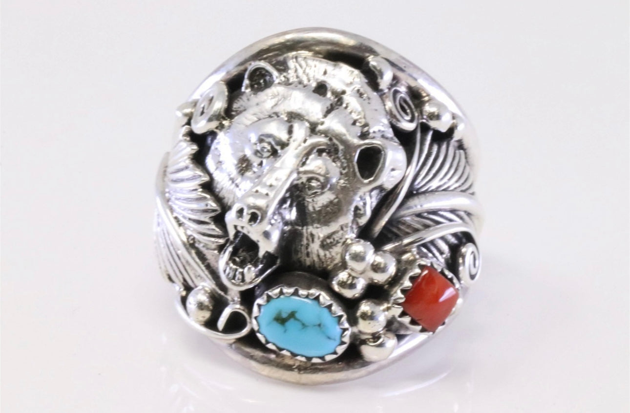 Navajo Sterling Silver Coral & Turquoise Bear Ring