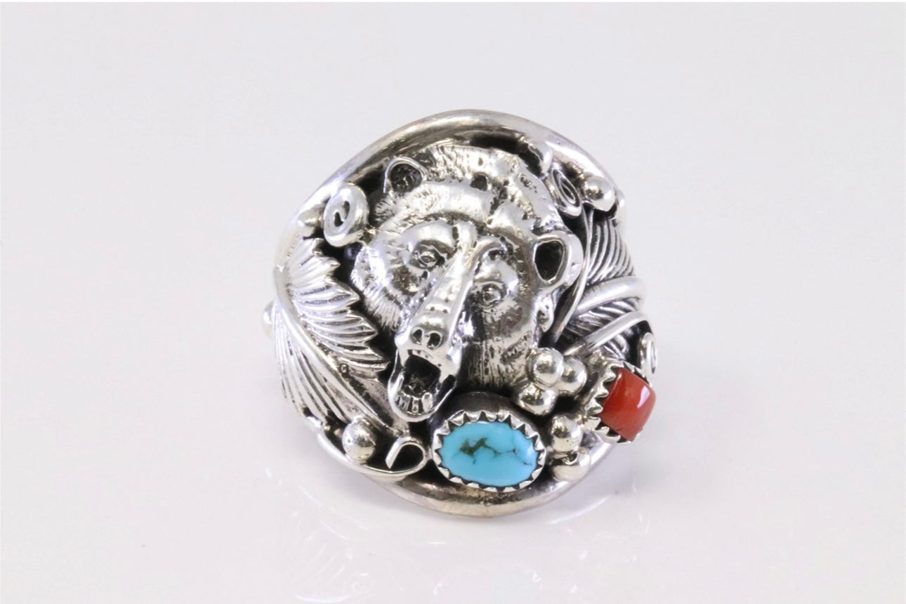 Navajo Sterling Silver Coral & Turquoise Bear Ring