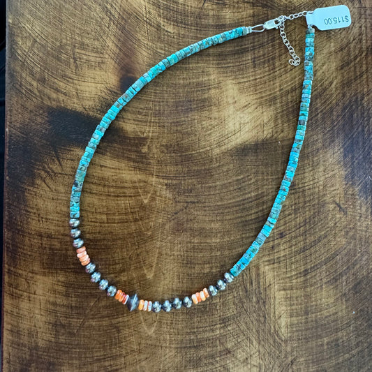 Rolled Turquoise - Spiny and Navajo Pearl Necklace